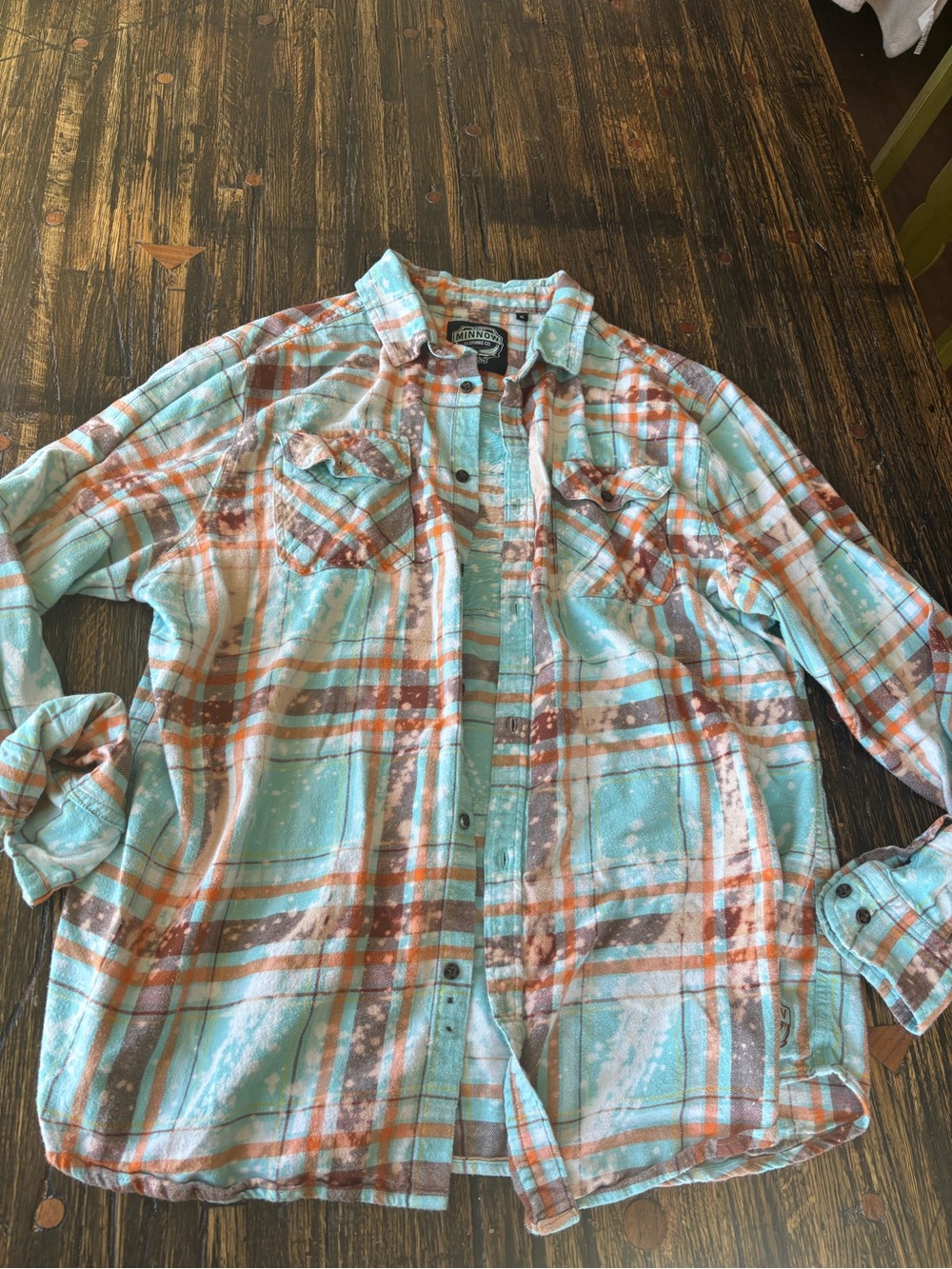 Angry Minnow Women’s Plaid Button-Down Shirt in Aqua & Rust 100% cotton